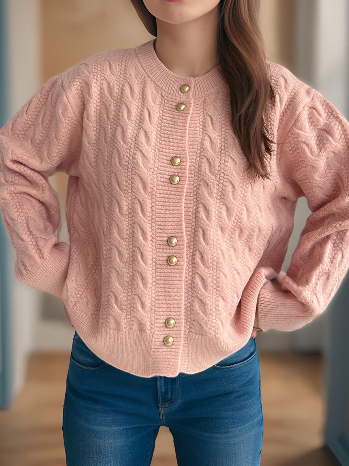 Cristina® | Cable knit cardigan with a crew neck and long sleeves