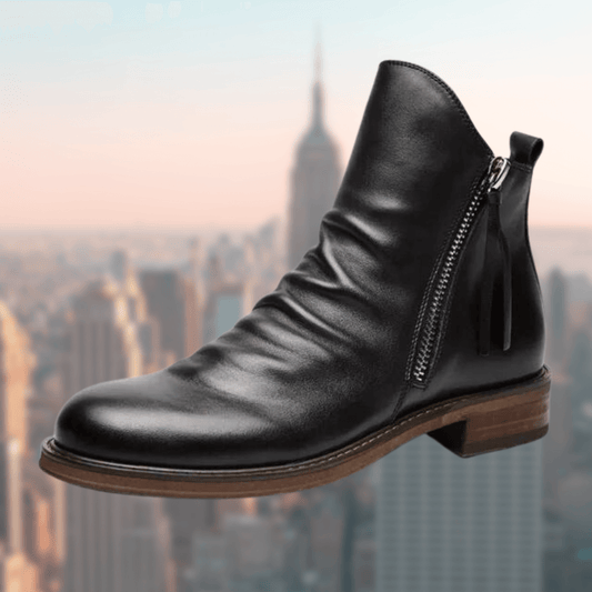 Women’s Ankle Boots – Smooth Leather – Side Zipper – Rounded Toe – Low Heel