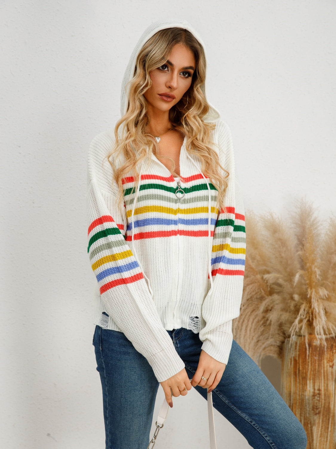 Clara® | Striped cardigan with hood and dropped shoulders and drawstring