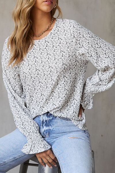 Clara® | Printed blouse with flounced sleeves and a round neckline