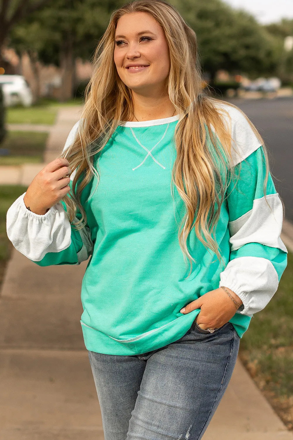 Elena® | Plus size color block long sleeve sweatshirt with exposed seams