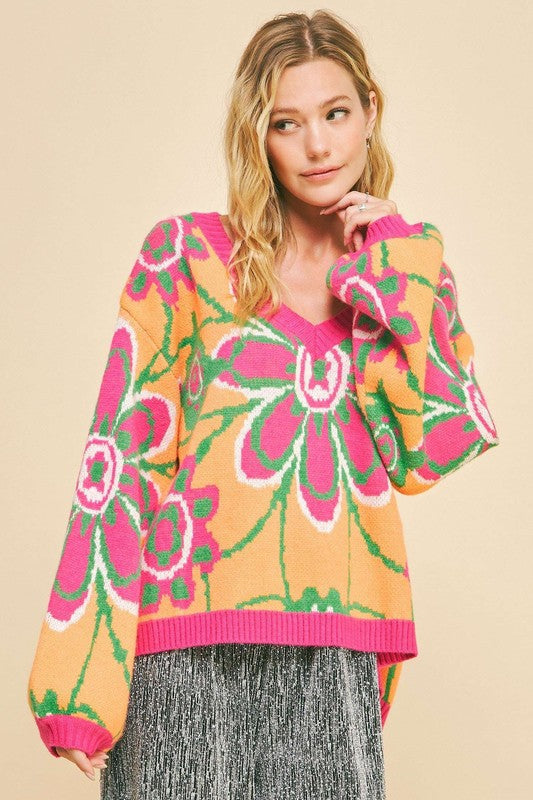 Dulce® | Floral contrast sweater with V-neck and dropped shoulder