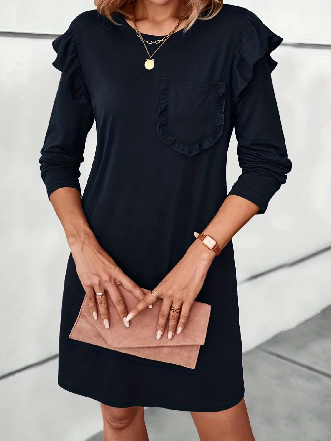 Antonia® | Ruffled, long-sleeved mini dress with a crew neck