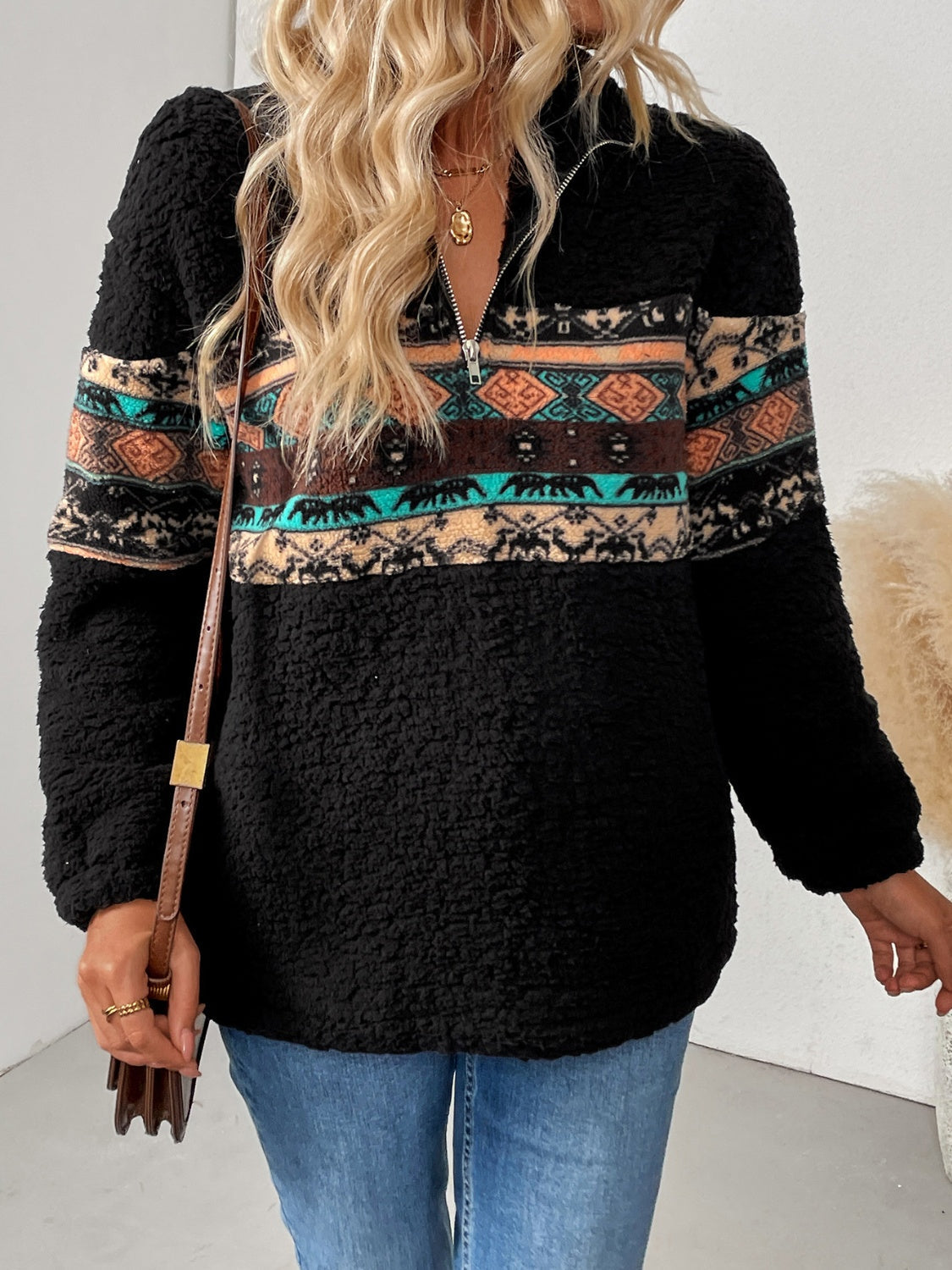 Cristina® | Geometric quarter zip long sleeve sweatshirt