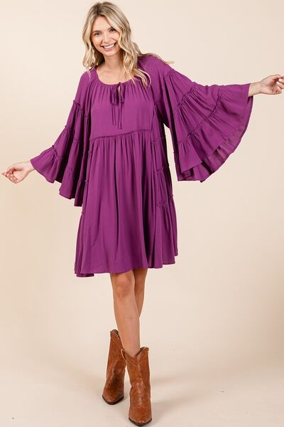Alejandra® | Dress with ruffles and bell sleeves and tie collar