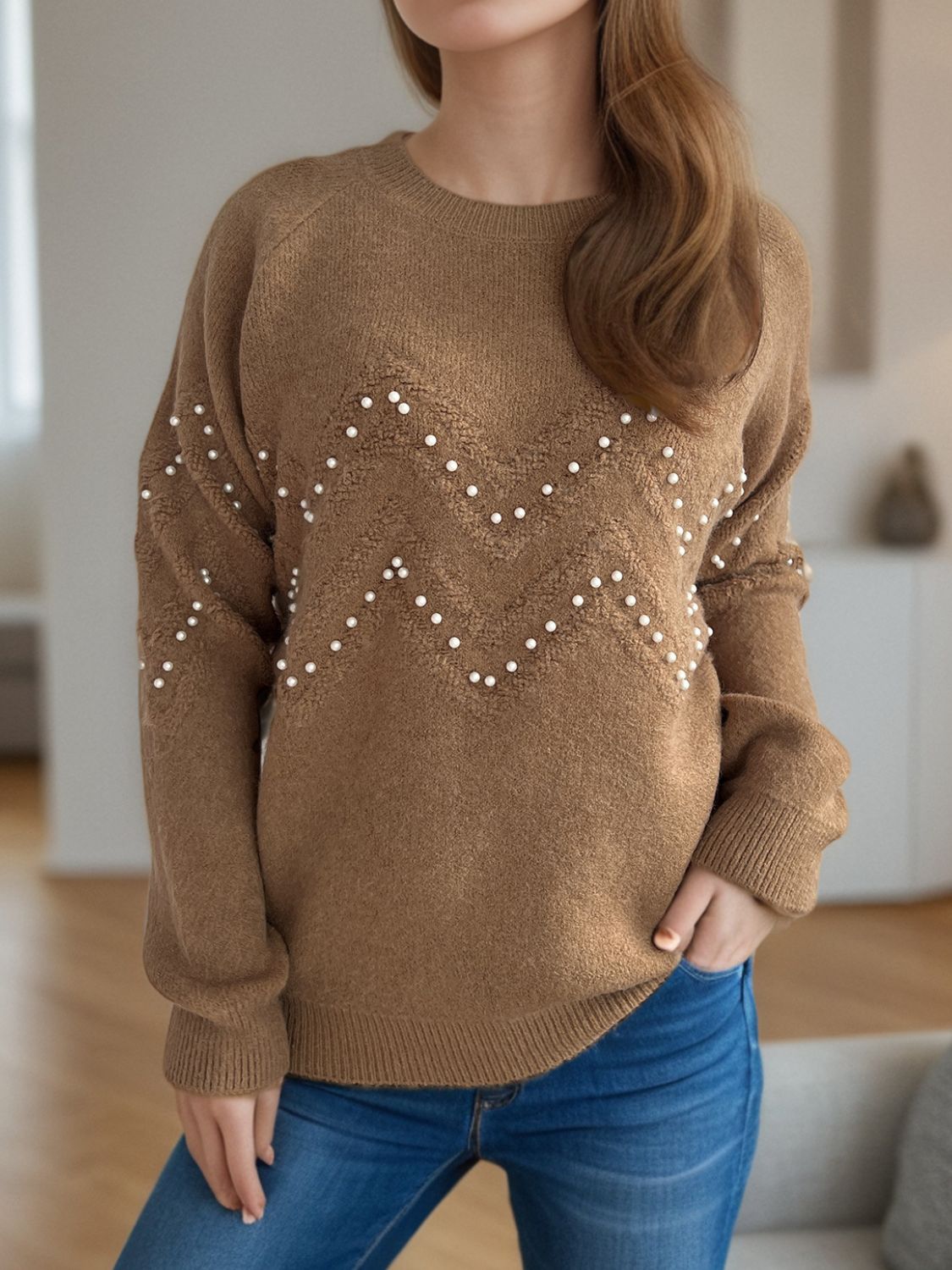 Concepcion® | Round neck sweater with raglan sleeves and pearl trim