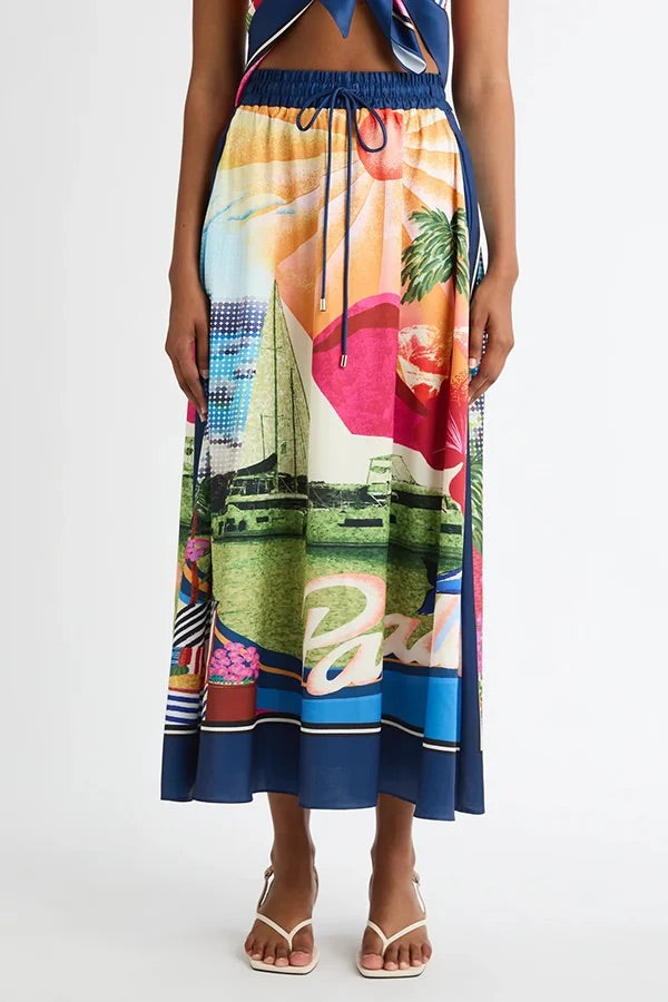 Carmen® | Seaside knotted shawl top and loose satin maxi skirt set with unique print