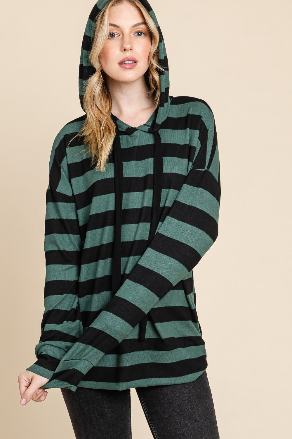 Antonella® | BOMBOM drawstring hoodie with stripes and low shoulders