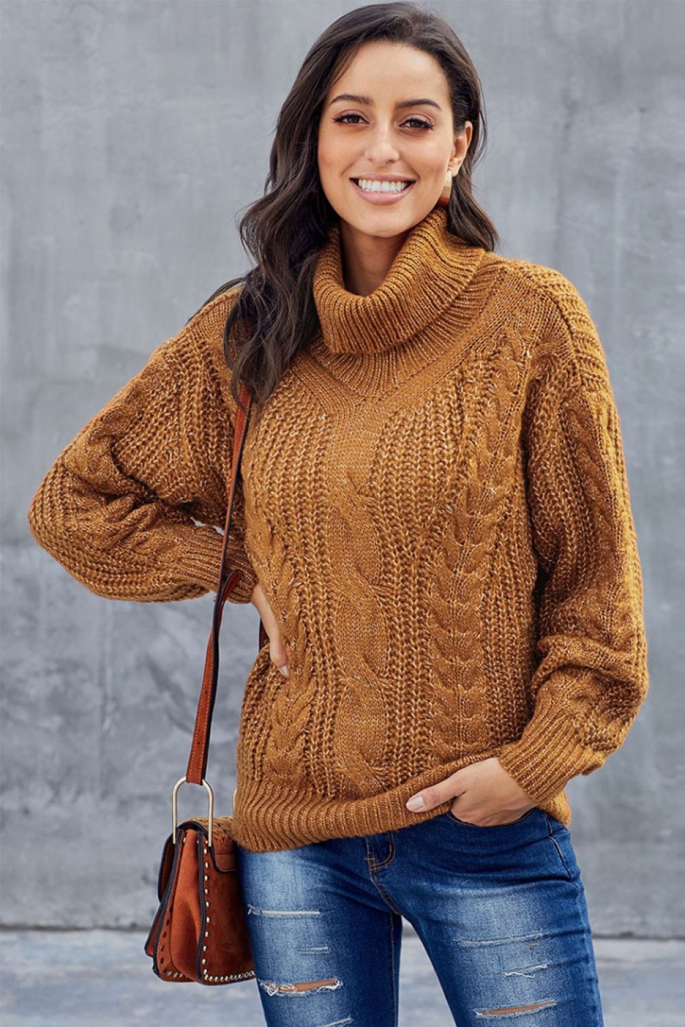 Women’s Sweater – Oversized Fit – Cable Knit – Turtleneck – Wool Blend – Ribbed Hem