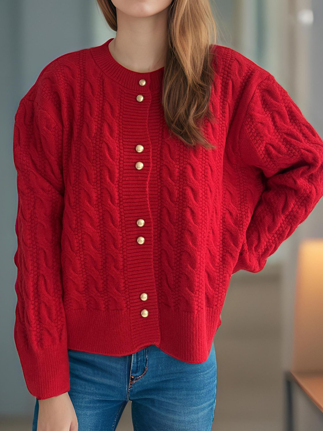 Cristina® | Cable knit cardigan with a crew neck and long sleeves