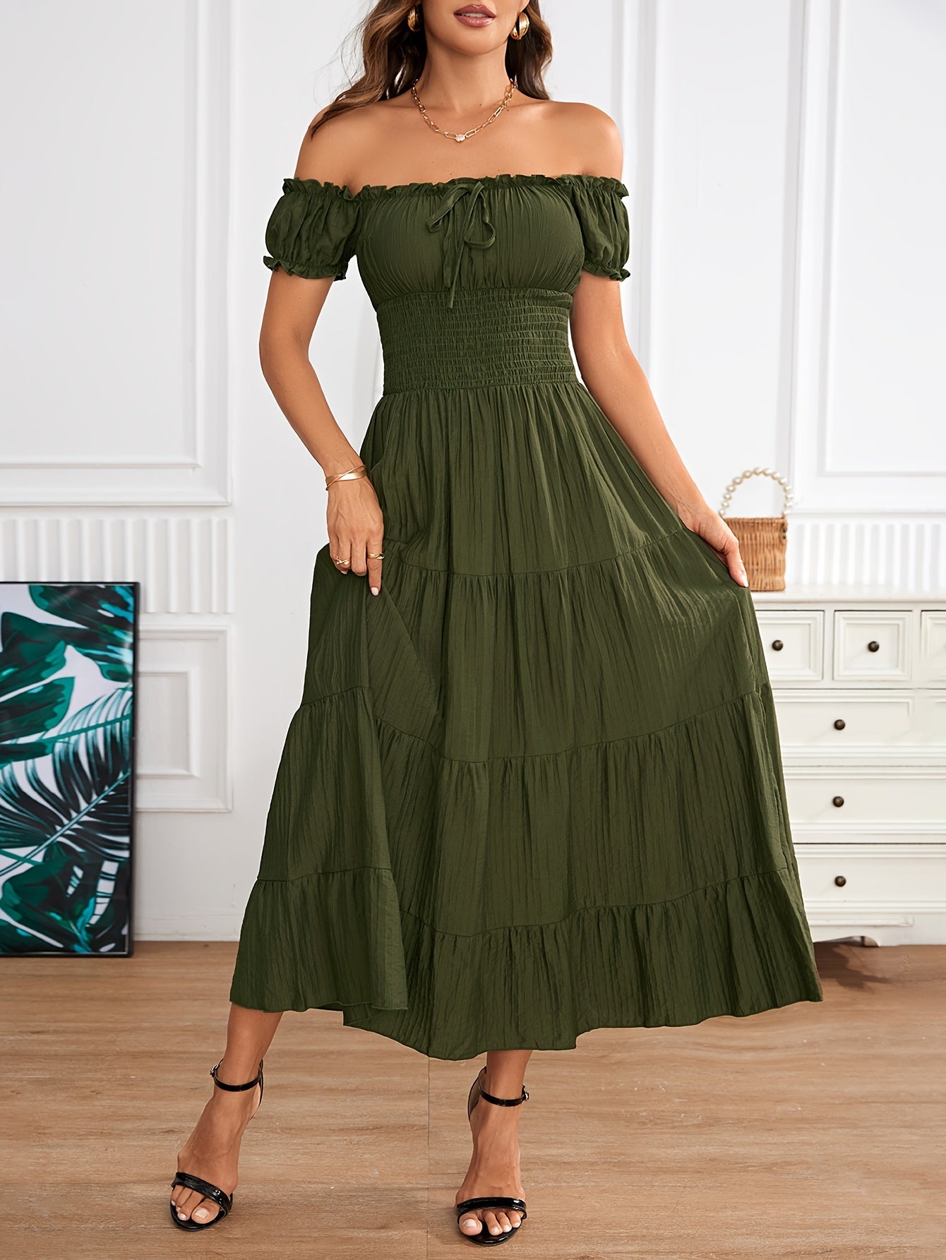 Amparo® | Elegant A-Line Maxi Dress With Off-Shoulder And Smocking