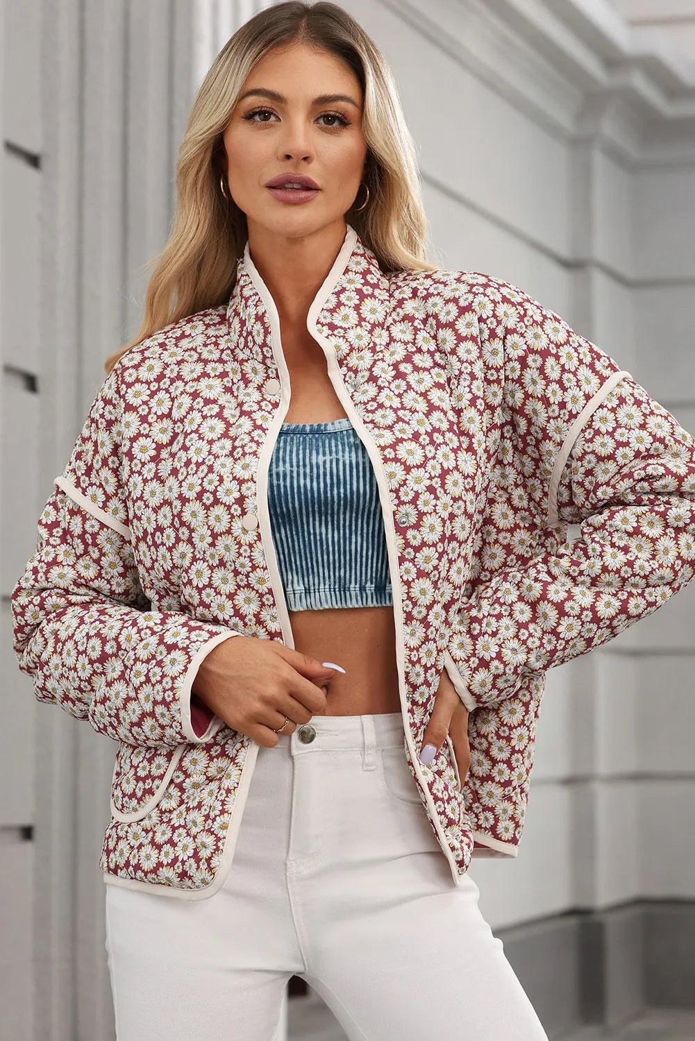 Bernadette® | Floral coat with stand-up collar and press studs