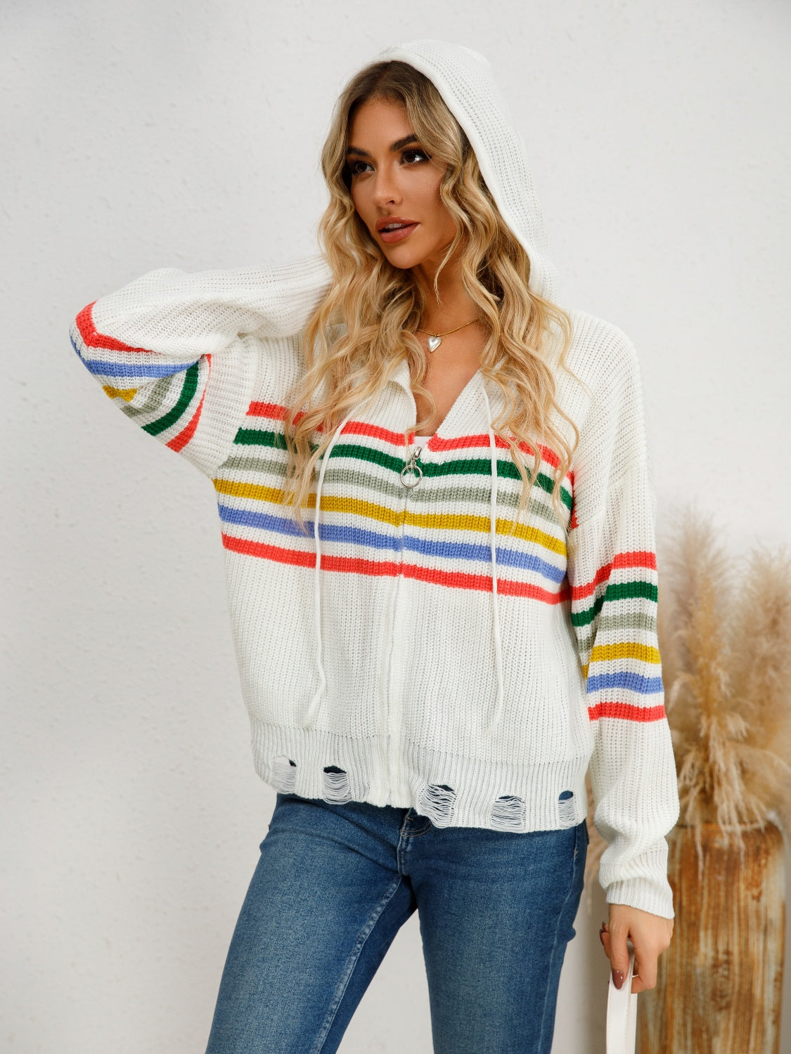 Clara® | Striped cardigan with hood and dropped shoulders and drawstring