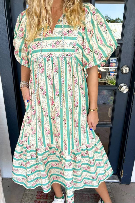 Daniela® | Multicolored floral striped V-neck long dress in boho style