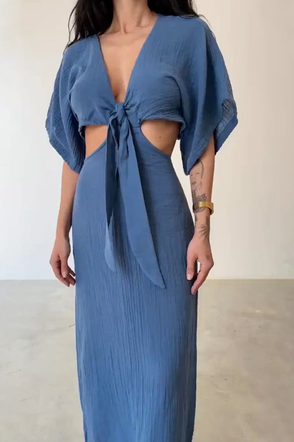 Elda® | Lace-up cotton and linen dress with exposed waist