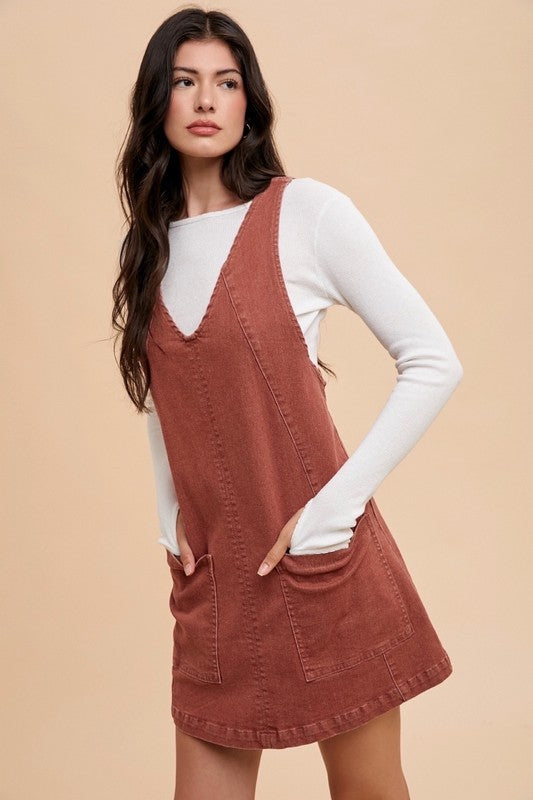 Arianna® | V-neck denim overall dress with adjustable straps and pockets