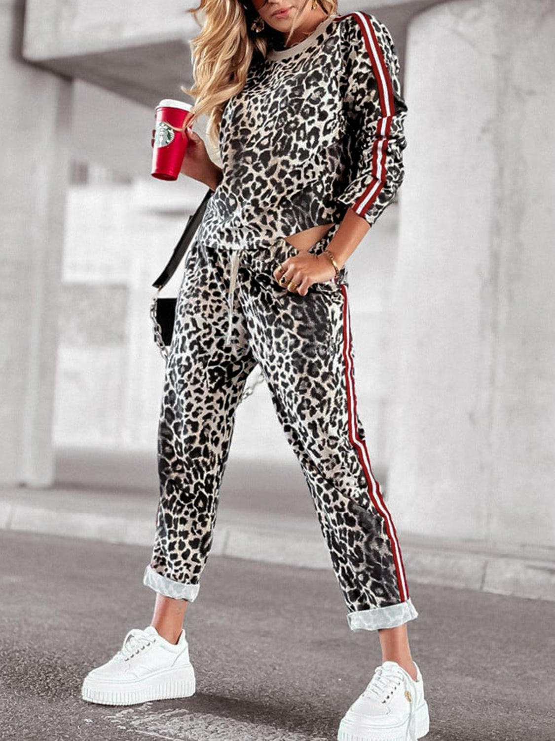 Araceli® | Leopard print round neck long sleeve top and trousers set