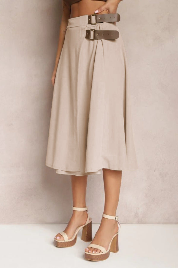 Angelica® | Solid color fashion skirt with leather stitching, elegant and artistic retro skirt for women