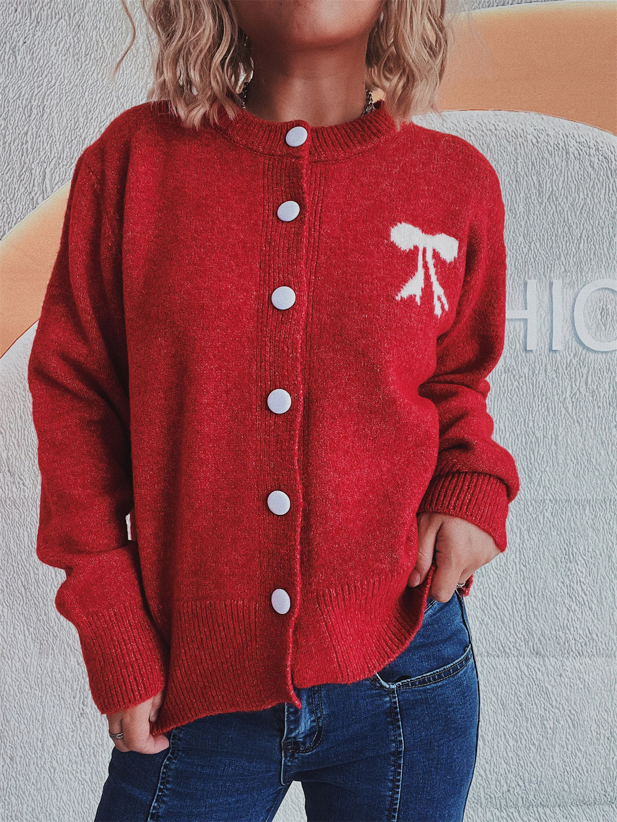 Beate® | Long-sleeved cardigan with bow and round neckline and buttons