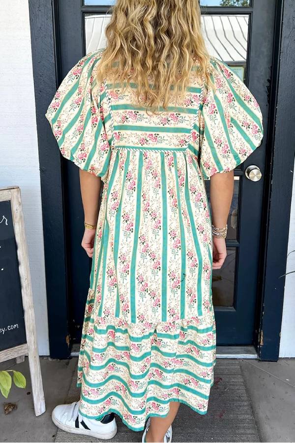 Daniela® | Multicolored floral striped V-neck long dress in boho style