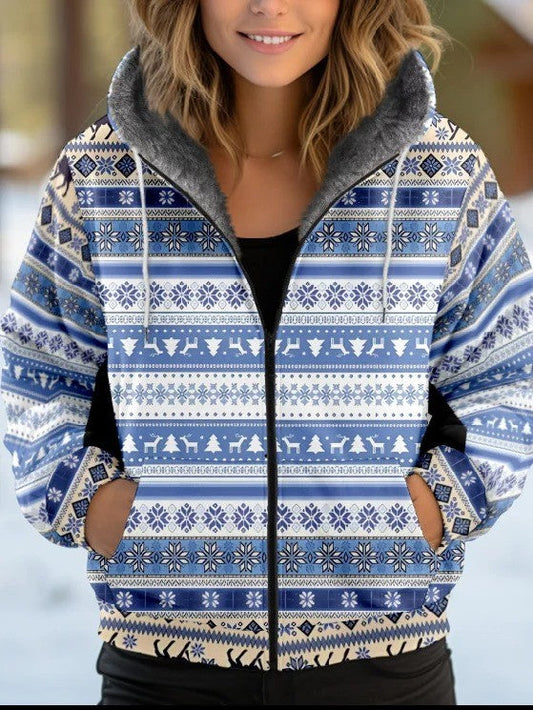 Women’s Casual Jacket – Loose Fit – Faux Fur Lined – Hooded – Ethnic Pattern – Zip Front