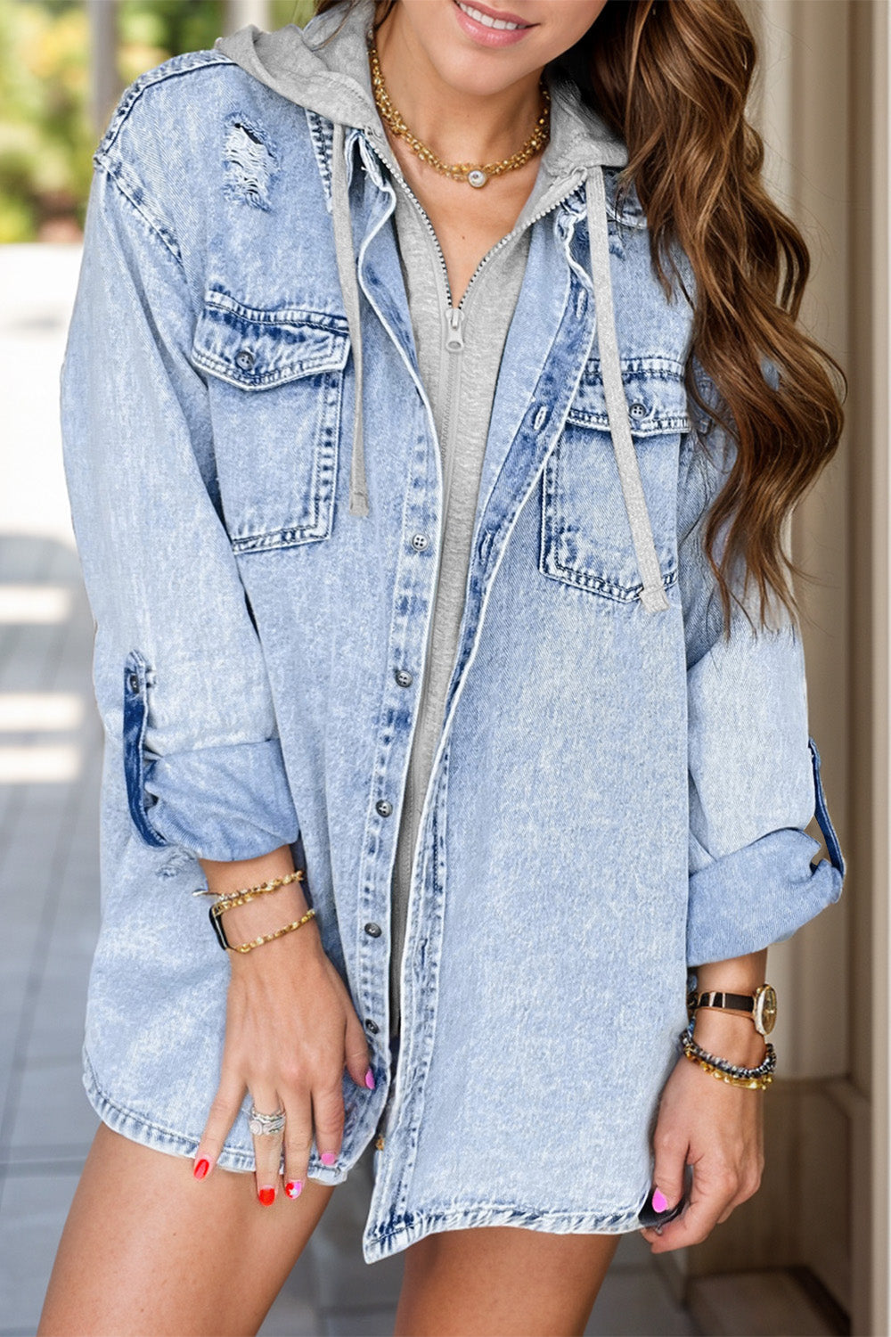Aurora® | Long-sleeved distressed button-down denim jacket