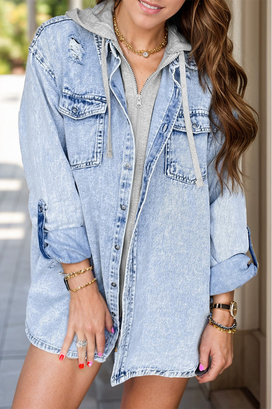 Aurora® | Long-sleeved distressed button-down denim jacket
