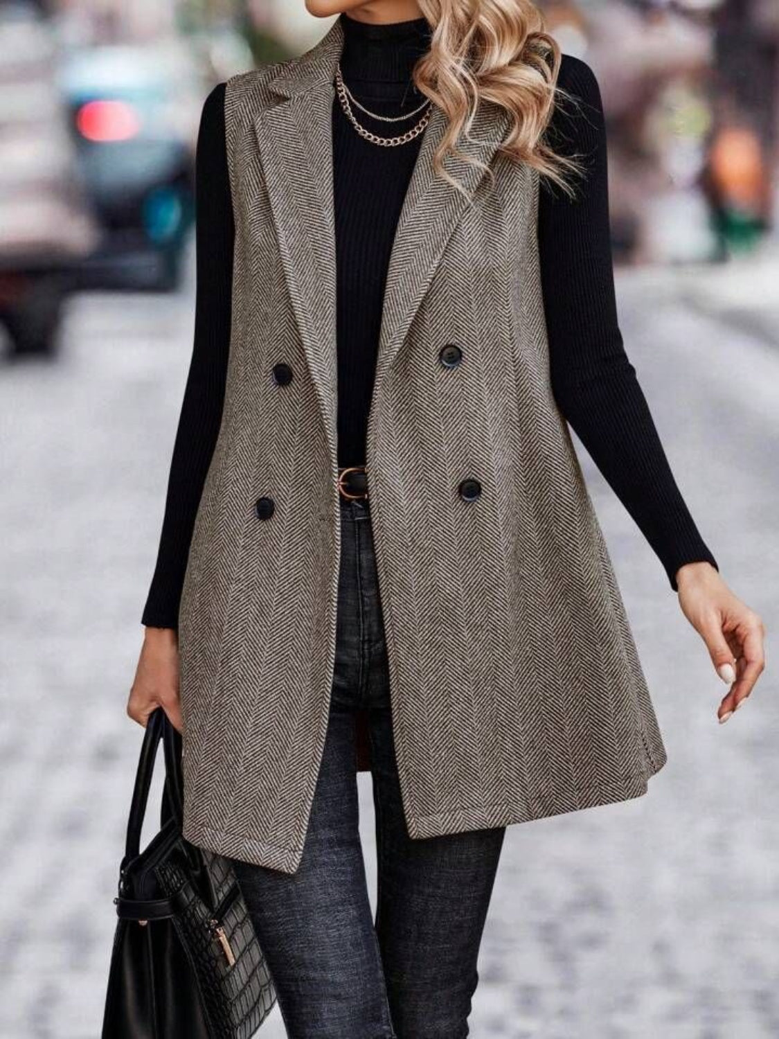 Carolin® | Long cut vest coat with buttoned collar and collar
