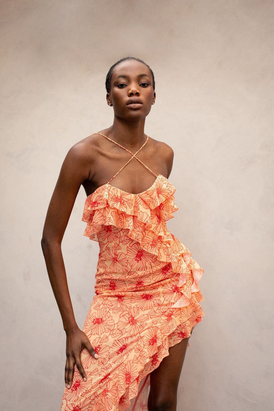 Belinda® | Chiffon maxi dress with ruffles and cross neckline