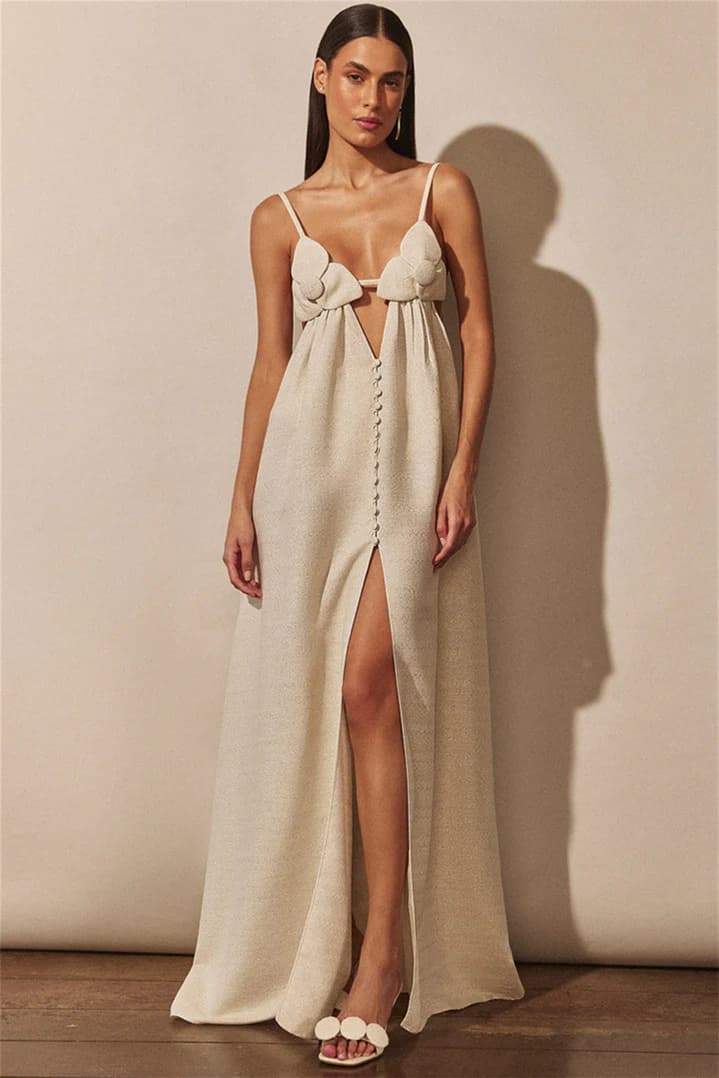 Elisa® | Light blue maxi dress with a V-neck and a high floral slit