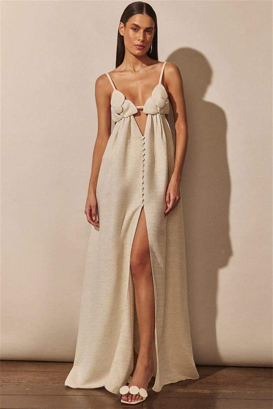Elisa® | Light blue maxi dress with a V-neck and a high floral slit