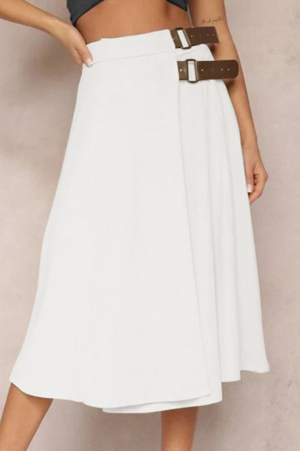 Angelica® | Solid color fashion skirt with leather stitching, elegant and artistic retro skirt for women