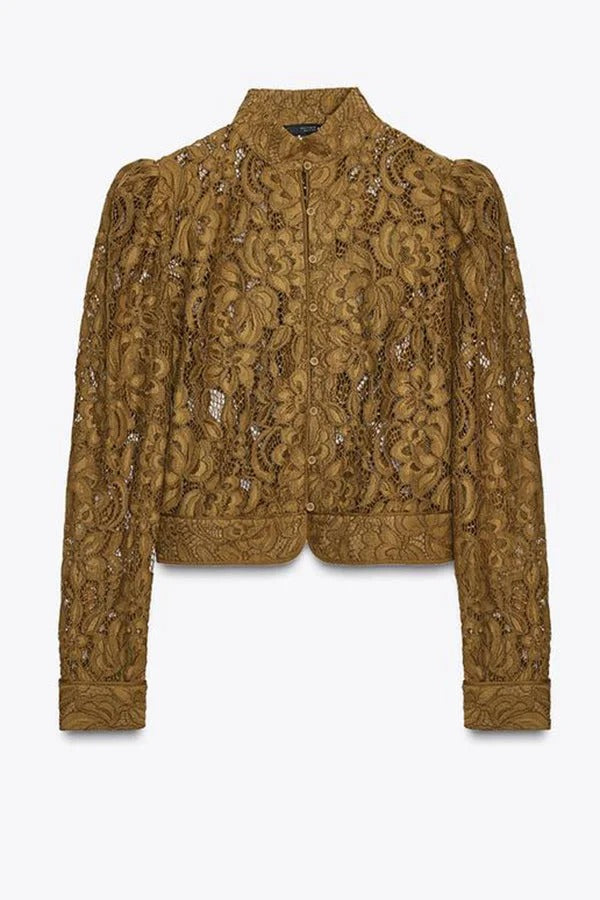 Daniela® | Palace Style Crochet Flower Lace Stand Neck Button Puff Sleeve Jacket
