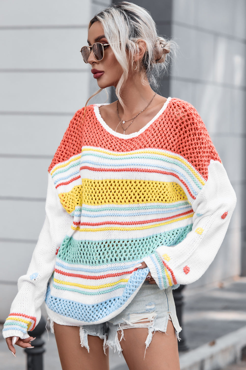 Elara® | Hollow striped color block crew neck sweater