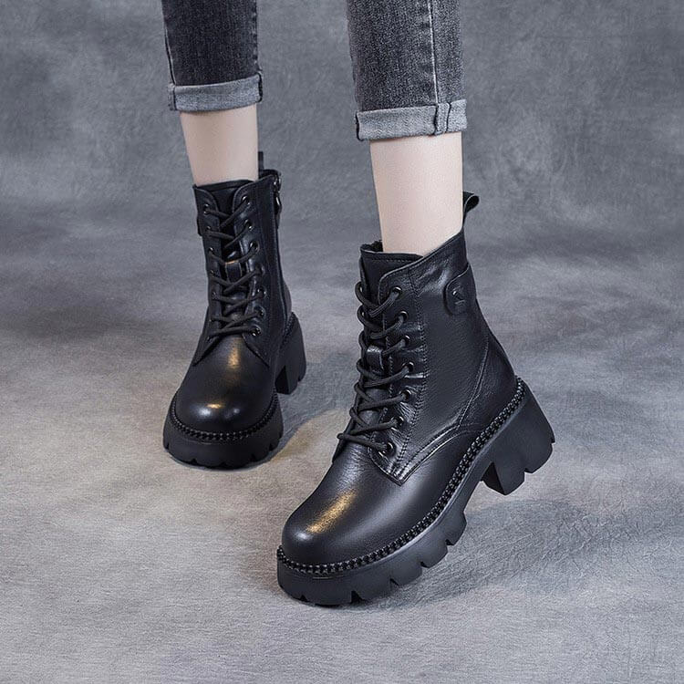 Women’s Ankle Boots – Leather Lace-Up – Cushioned Sole – Chunky Heel – Orthopedic Support