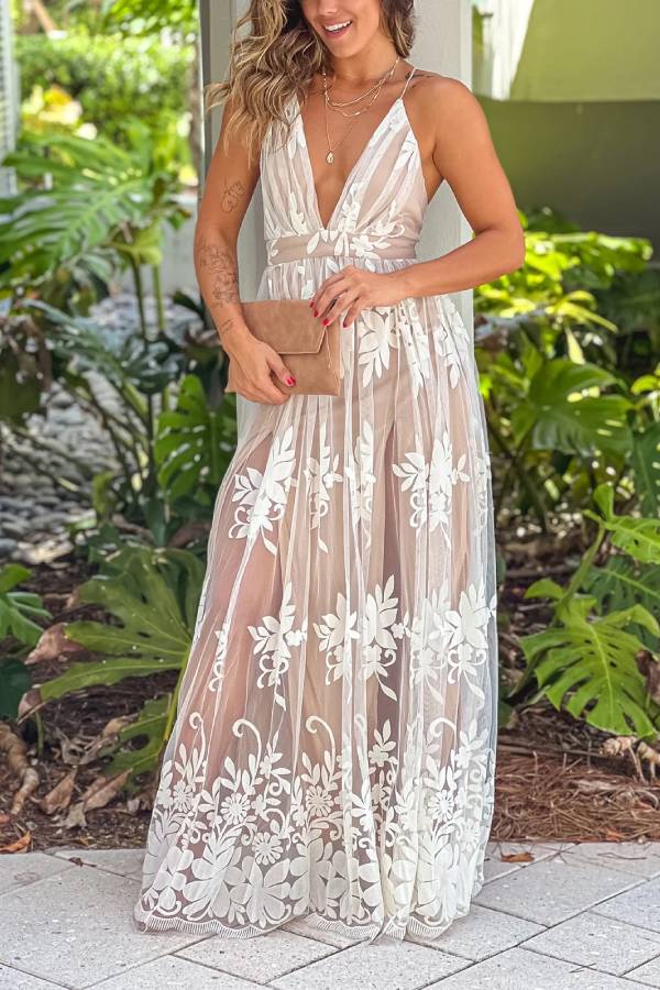 Carina® | White and beige crossed tulle maxi dress with floral pattern on the back