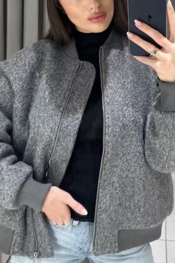 Cecilia® | Stand Collar Loose Long Sleeve Ribbed Flight Jacket