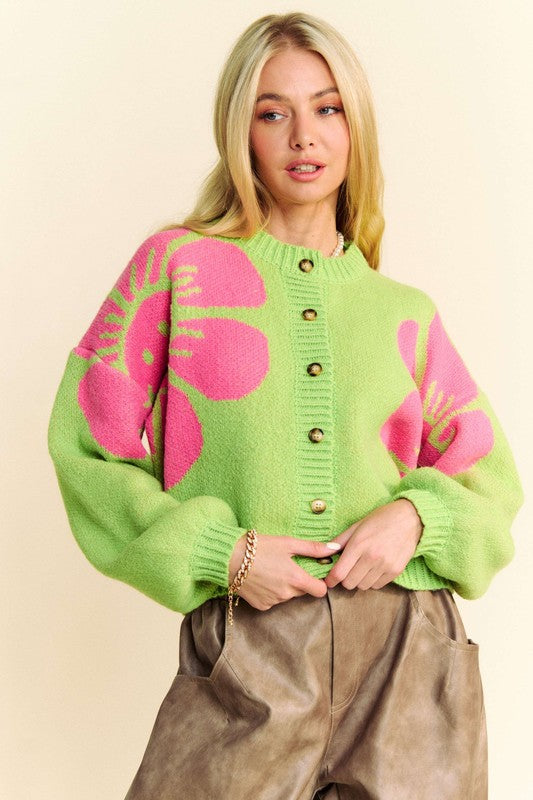 Alejandra® | Long-sleeved cardigan with a crew neck and floral contrast