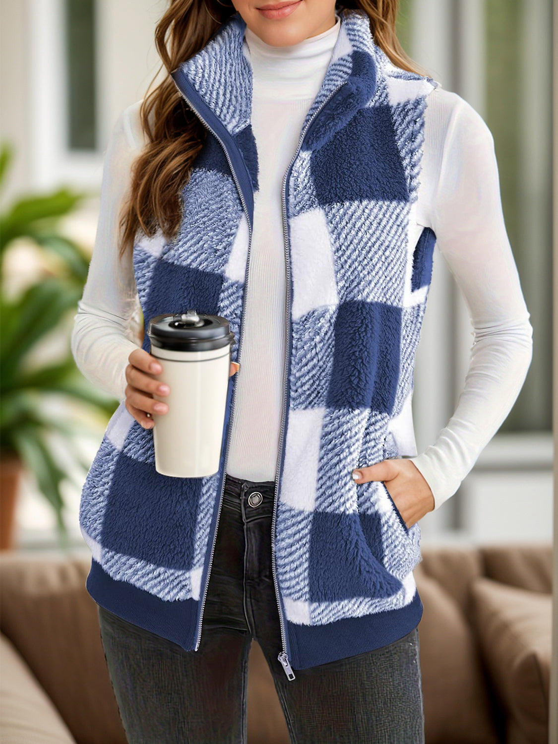 Anja® | Full size checked vest coat with pockets