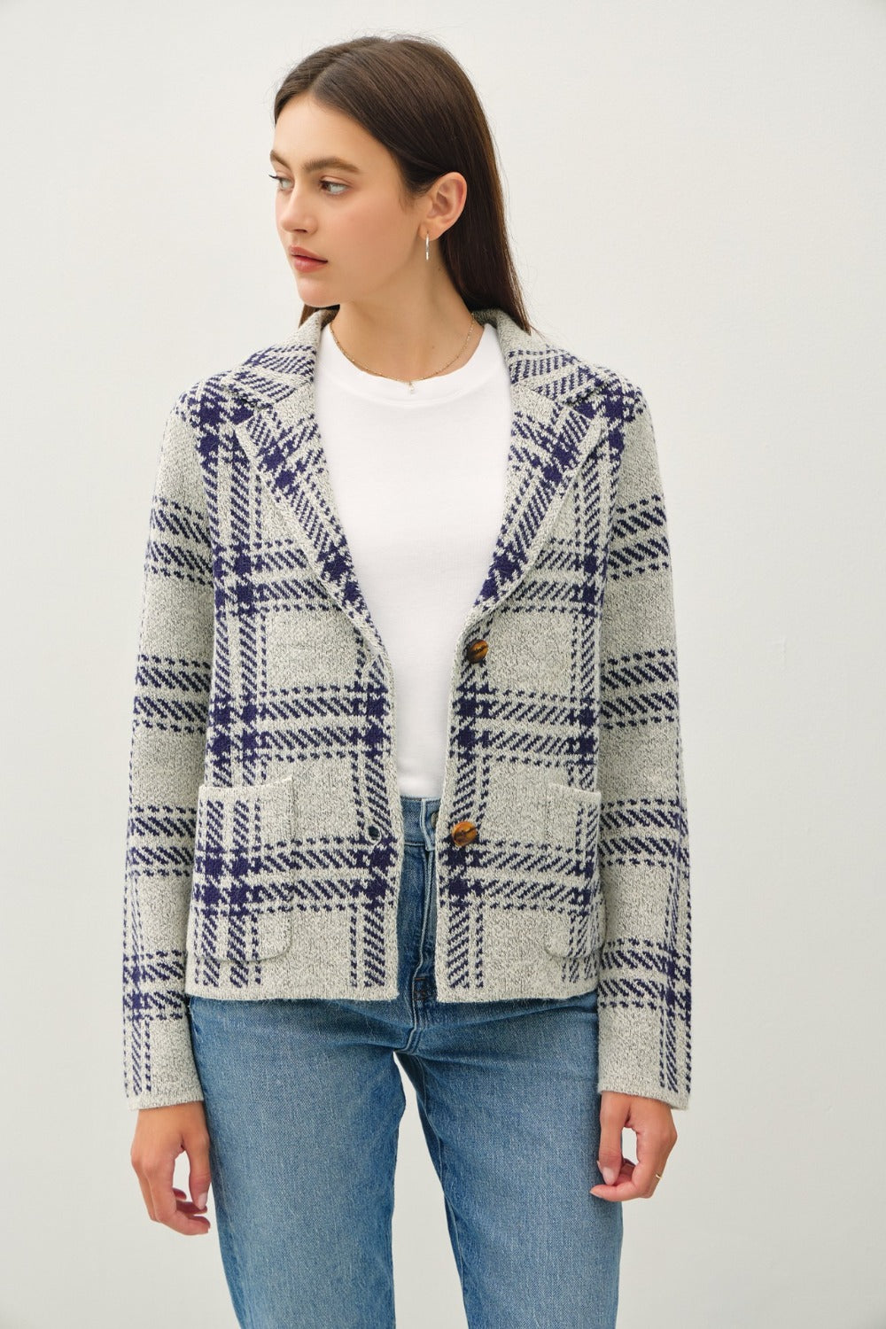Aurora® | Be Cool checked long-sleeved pullover jacket with front patch pockets