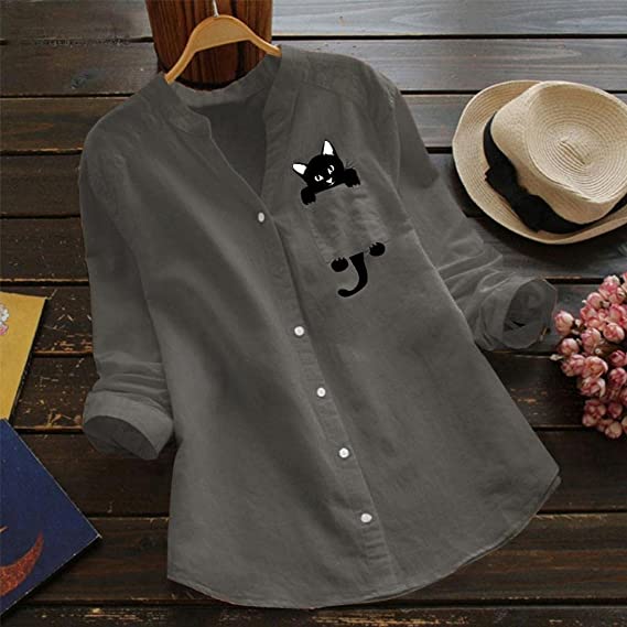 Anaid® | Long-Sleeved Cotton Blouse With V-Neck And Cat Print