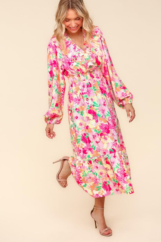 Carmen® | Haptics full size floral dress with surplice balloon sleeves and side pockets