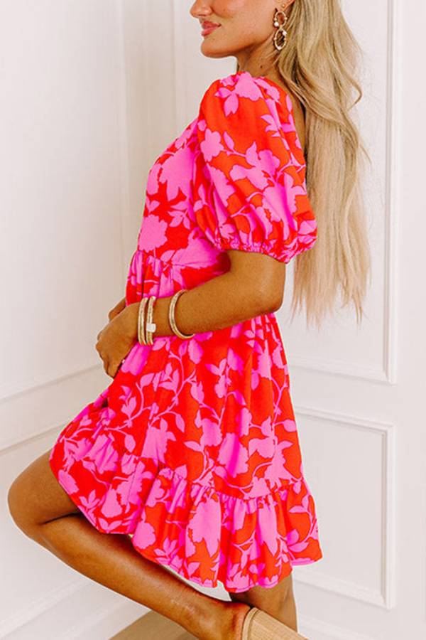Elena® | Red floral ruffle mini dress with bubble sleeves and sweetheart neckline