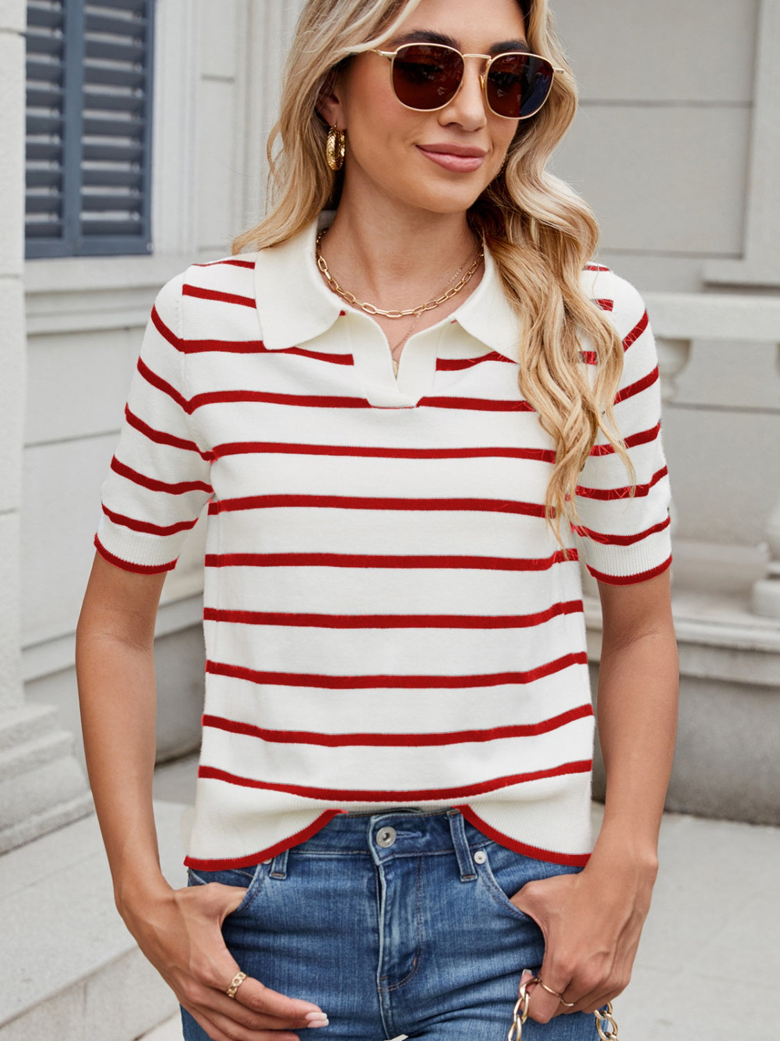 Autumn® | Short-sleeved sweater with a striped collar