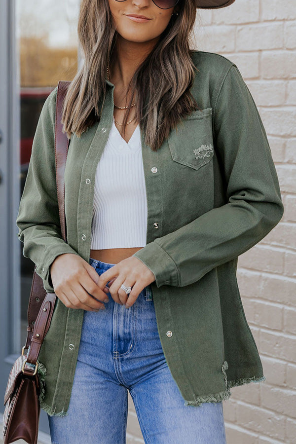 Clara® | Casual Ripped Raw Hem Button Up Denim Shacket