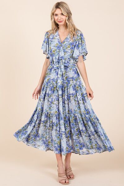 Dana® | Tiered floral dress with tie waist and flutter sleeves