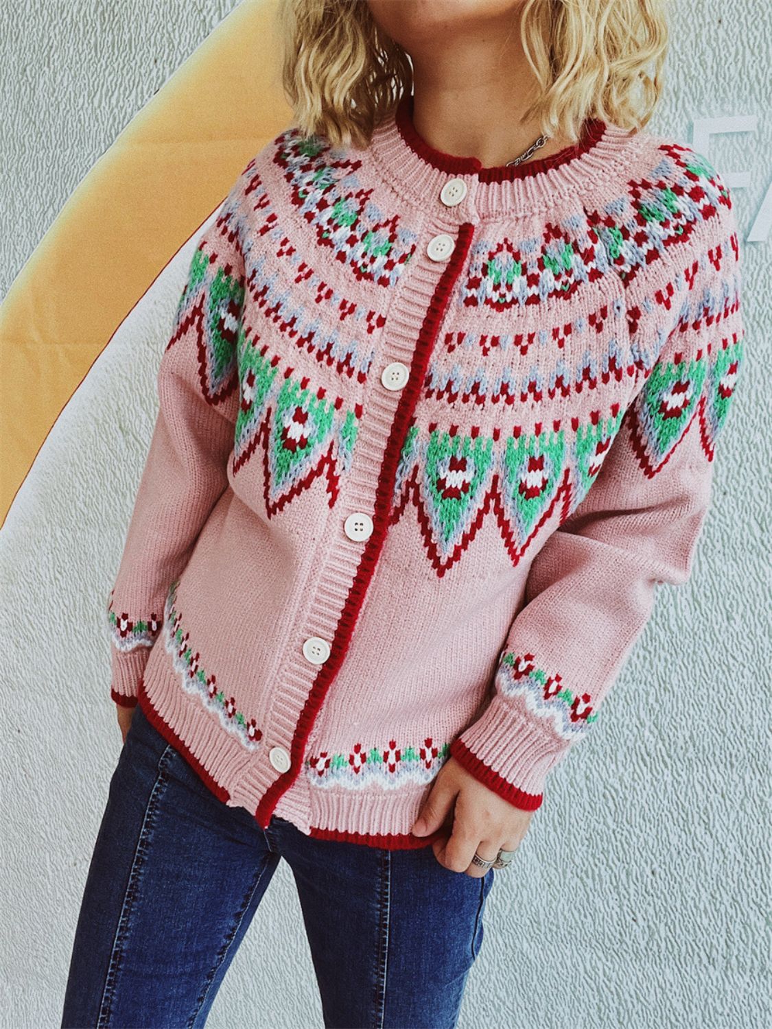 Diana® | Long sleeve cardigan with a contrasting geometric crew neck