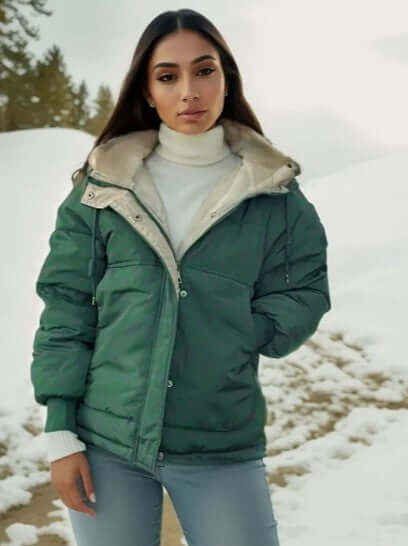Women’s Quilted Jacket – Fleece Lined – Relaxed Fit – Hooded – Zipper Front