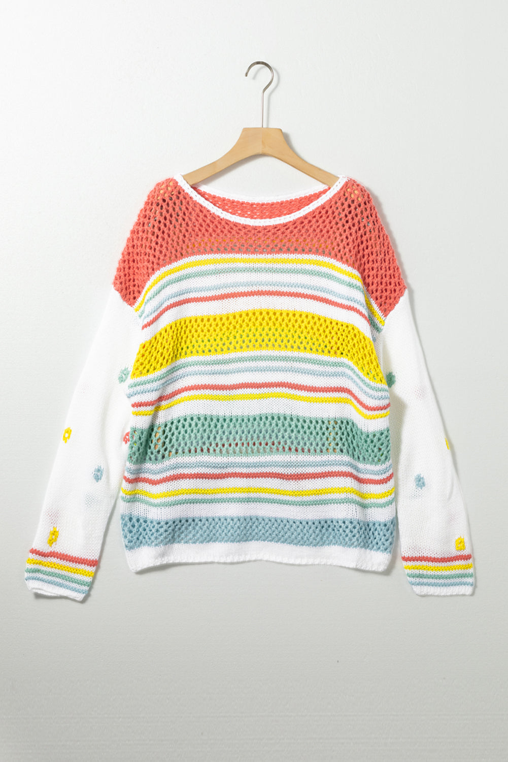 Elara® | Hollow striped color block crew neck sweater