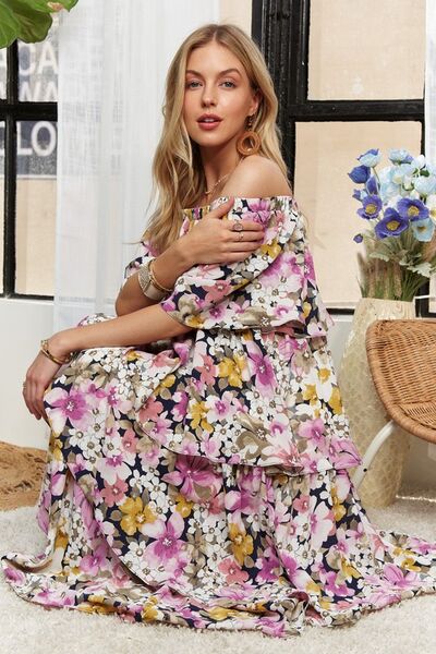 Clara® | Layered floral off shoulder short sleeve maxi dress